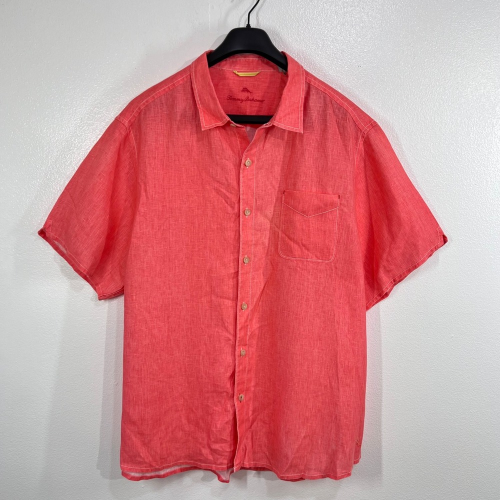 Tommy Bahama Sea Glass Breezer Mens 3XL Coral Pink 100% Linen Camp Shirt Coastal